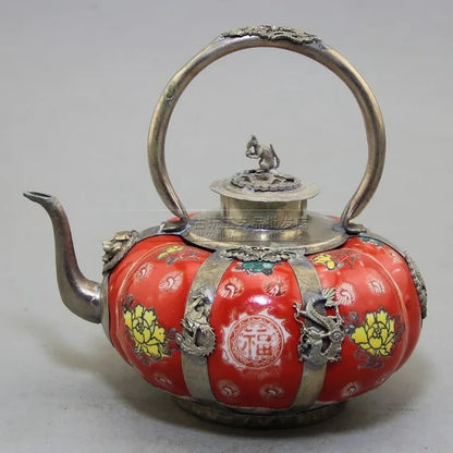 Collection Chinese Porcelain Copper Dragon and Phoenix Monkey Hand-carved Teapot Four colors