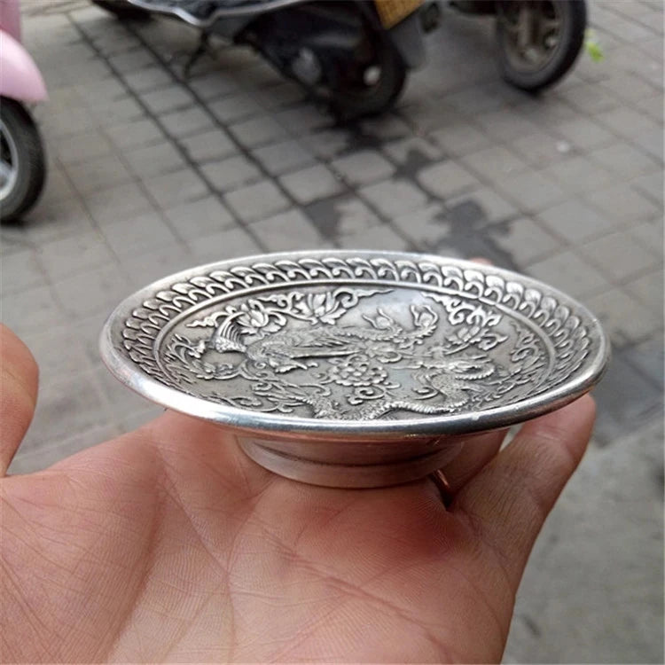 Collection Chinese Tibet Silver Carved Mythical Animals Dragon And Phoenix Plate Dish Exquisite Small Statues