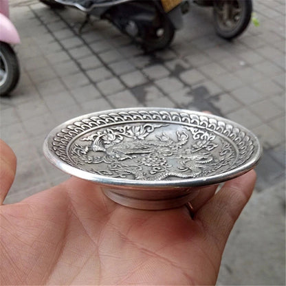 Collection Chinese Tibet Silver Carved Mythical Animals Dragon And Phoenix Plate Dish Exquisite Small Statues