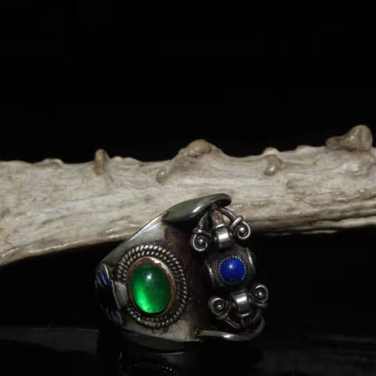 Collection Chinese old Tibetan silver cloisonne inlaid greenstone jade transshipment Dharma-vessel ring