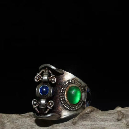 Collection Chinese old Tibetan silver cloisonne inlaid greenstone jade transshipment Dharma-vessel ring