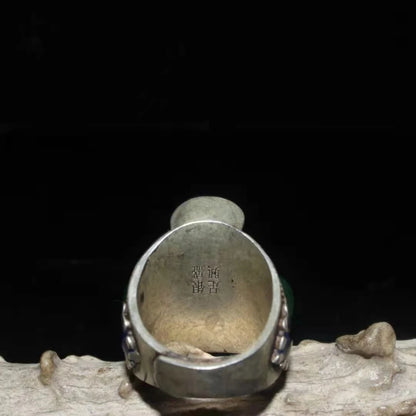 Collection Chinese old Tibetan silver cloisonne inlaid greenstone jade transshipment Dharma-vessel ring