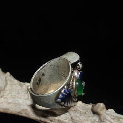 Collection Chinese old Tibetan silver cloisonne inlaid greenstone jade transshipment Dharma-vessel ring