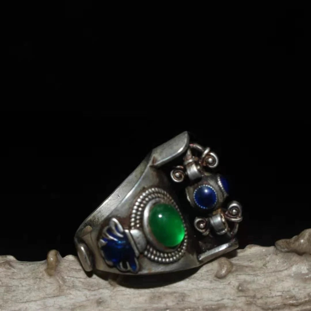 Collection Chinese old Tibetan silver cloisonne inlaid greenstone jade transshipment Dharma-vessel ring