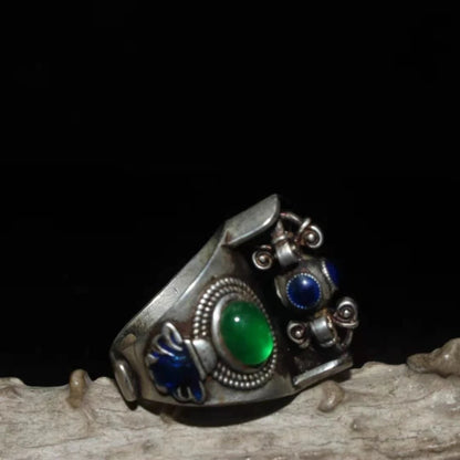 Collection Chinese old Tibetan silver cloisonne inlaid greenstone jade transshipment Dharma-vessel ring
