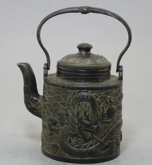 Collection Old Chinese bronze hand carved Dragon Teapot w Qianlong Mark