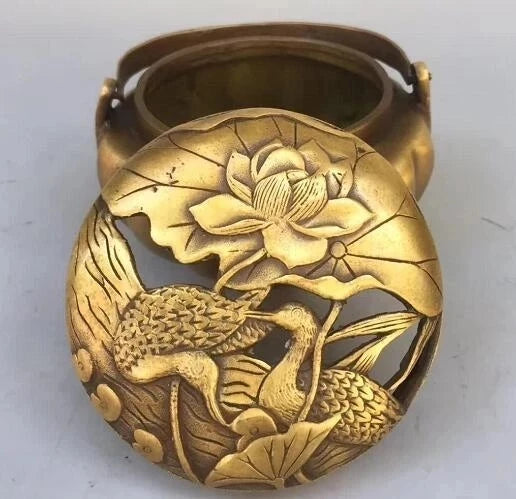 Collection Pure Brass Carving Mandarin Duck Lotus Leaf Lotus Flower Incense Burner Hollow Out Household Decoration Animal Statue