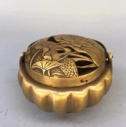 Collection Pure Brass Carving Mandarin Duck Lotus Leaf Lotus Flower Incense Burner Hollow Out Household Decoration Animal Statue