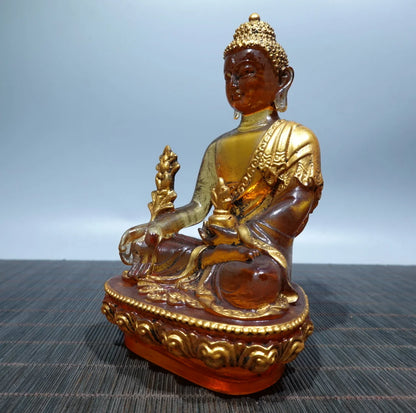 Collection Tibetan Colored Glaze Yellow Buddhism Bodhisattva Gild Sakyamuni Buddha Statue