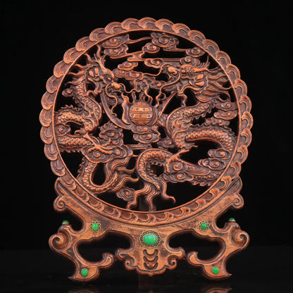 Collection of boxwood hand-carved double dragon play beads plaque