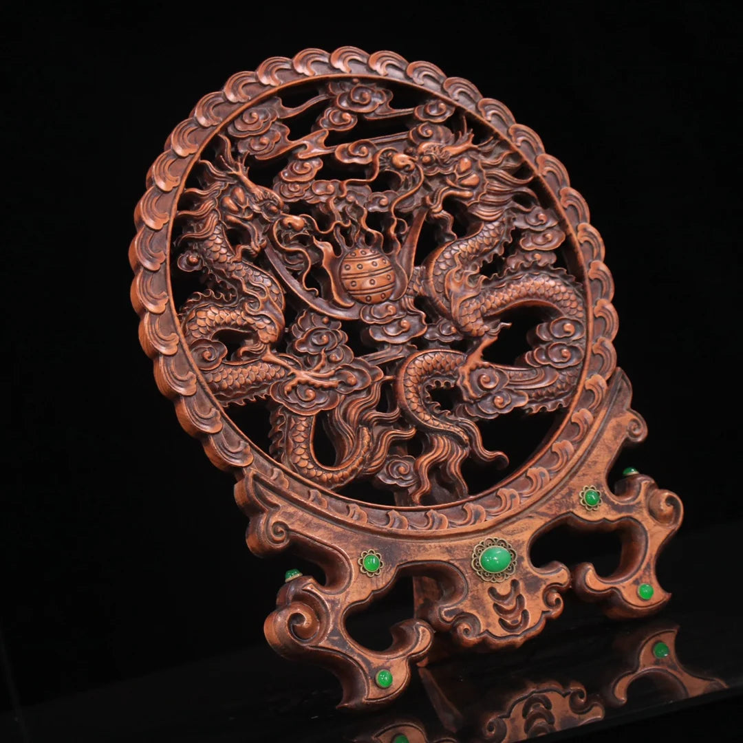 Collection of boxwood hand-carved double dragon play beads plaque