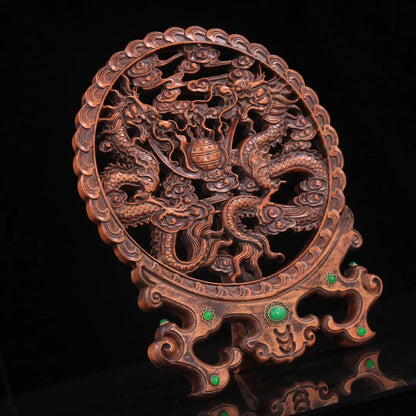 Collection of boxwood hand-carved double dragon play beads plaque