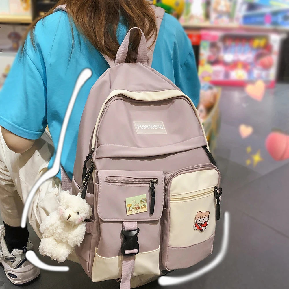 College Student Women Harajuku Backpack Cute Badge School Bag Book Lady Kawaii Backpack Nylon Girl Trendy Fashion Bag Female New