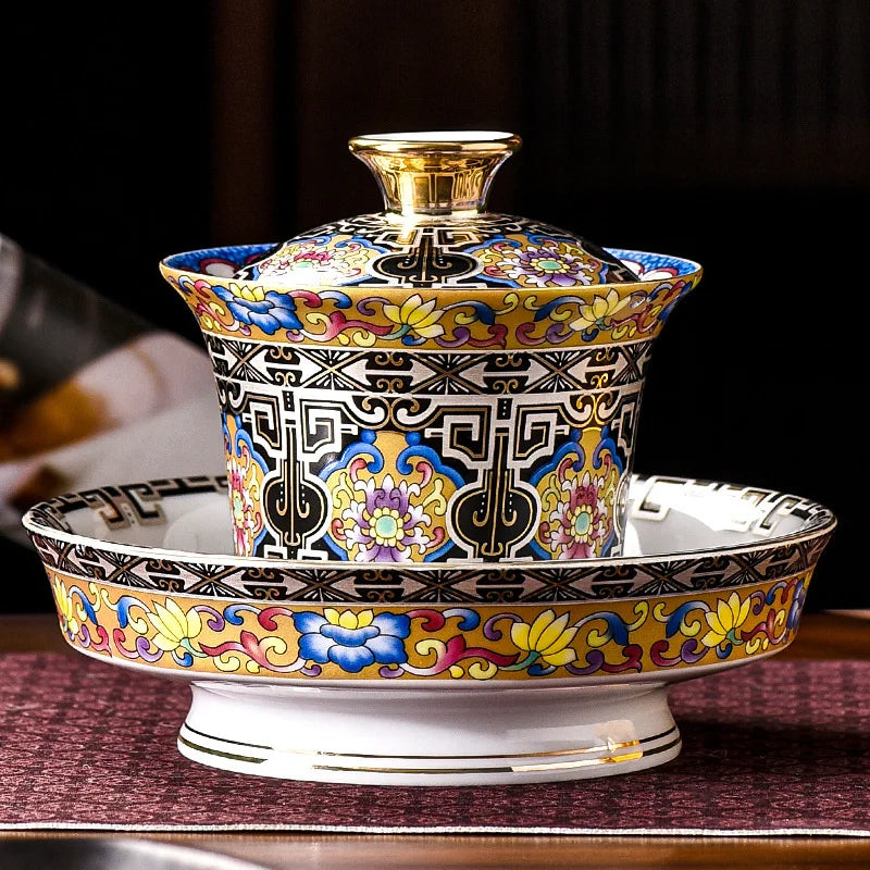 Color Enamel Sancai Gaiwan Ceramic Teaware Tea Cups Elegant Retro High Grade Tea Tureen Porcelain Gongfu Tea Bowl Cup