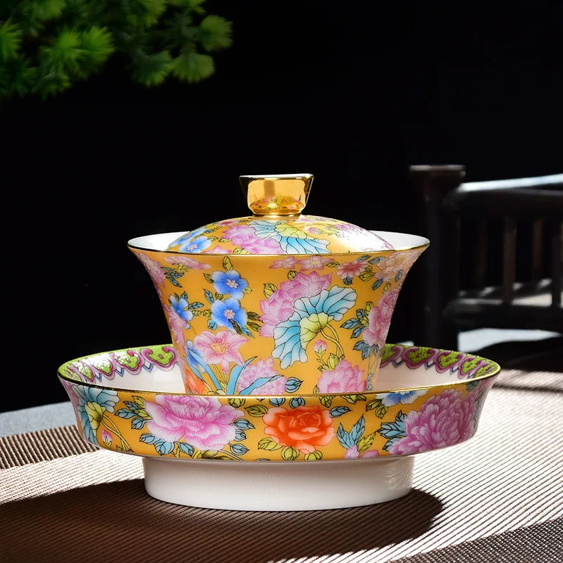 Color Enamel Tea Tureen Bowl Handmade Ceramic Teacup Elegant Chinese Gaiwan Porcelain Tea Set Kung Fu Luxury Teaware Cups