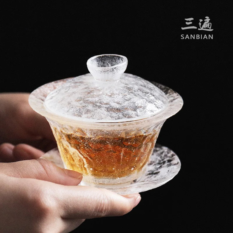 Colored Glaze Gaiwan Cover Bowl Single Thickened Hammered Tea Tea Ceremony Bowl Handmade Colored Glaze Frozen Burning