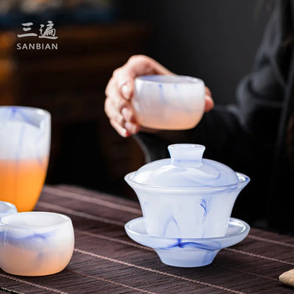 Colored Glaze Tea Cup with Cover Tea Cup Large Non-Scald Gaiwan Kung Fu Tea Set Single White Porcelain Tea Bowl Pot Household