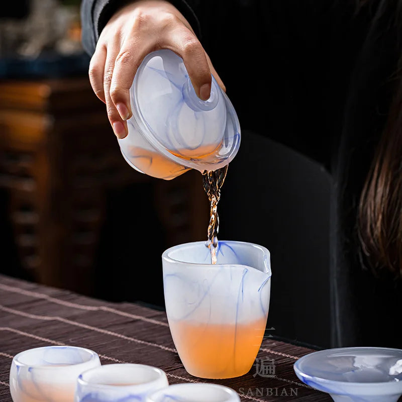 Colored Glaze Tea Cup with Cover Tea Cup Large Non-Scald Gaiwan Kung Fu Tea Set Single White Porcelain Tea Bowl Pot Household