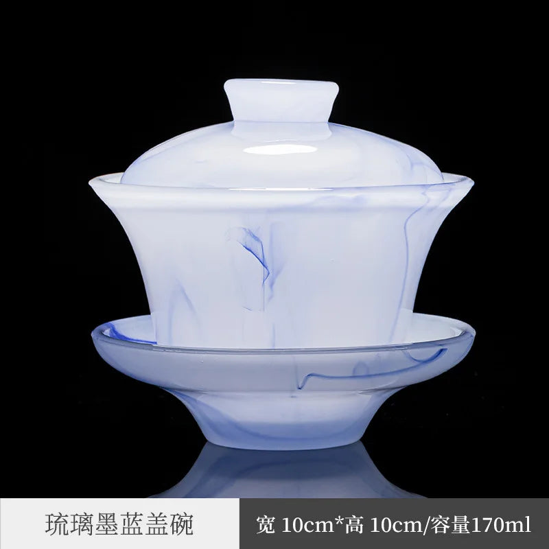 Colored Glaze Tea Cup with Cover Tea Cup Large Non-Scald Gaiwan Kung Fu Tea Set Single White Porcelain Tea Bowl Pot Household