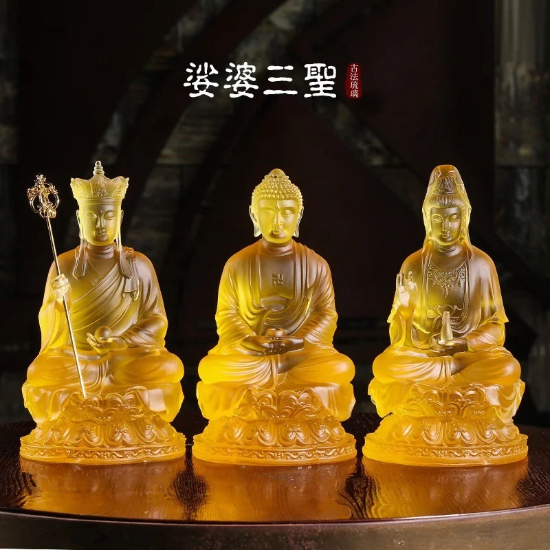 Colored Glaze Three Saints Bhagavate Sakyamuni Ksitigahba Boddhisattva Guanyin Boddhisattva Buddha statues and ornaments