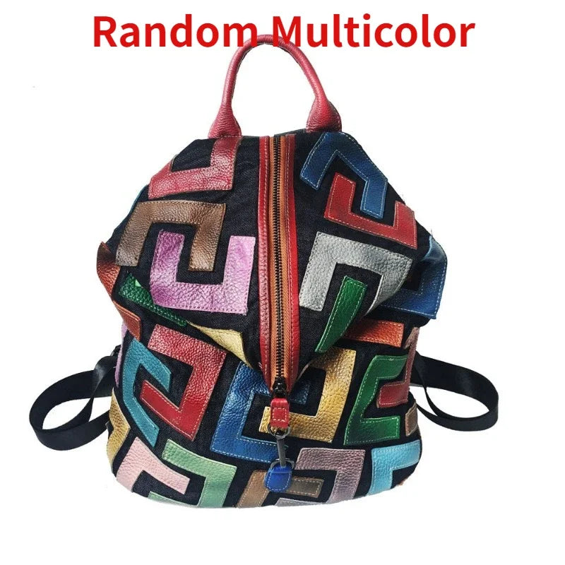 Colorful Cowhide Patchwork Backpack Women Retro Casual Large Capacity Shoulder Bags Designer Luxury Fashion All-match Bolsos