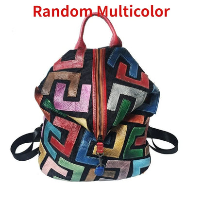 Colorful Cowhide Patchwork Backpack Women Retro Casual Large Capacity Shoulder Bags Designer Luxury Fashion All-match Bolsos