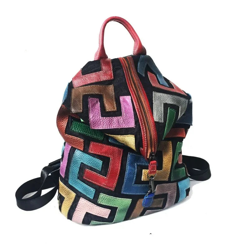 Colorful Cowhide Patchwork Backpack Women Retro Casual Large Capacity Shoulder Bags Designer Luxury Fashion All-match Bolsos