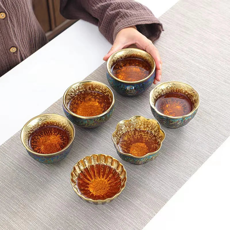 Colorful Jianzhan Gilding Tea Cup Kung Fu Tea Set Ceramic Tea Cup Master Cup Tianmu Kiln Changes Tea Bowl Teacup Chinese Tea Set