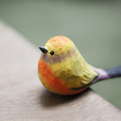 Colorful birds and warblers playing with wooden carved birds, small chubby birds, pure handmade solid wood tabletop ornaments