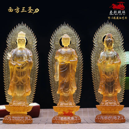 Coloured Glaze Amitabha  Mahasthamaprapta Bodhisattva Guanyin Buddha Statue Ornament Home Worship The Three Saints Of The West