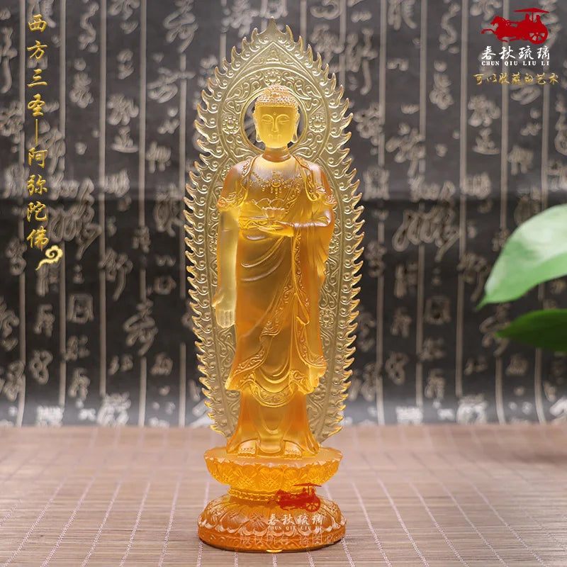 Coloured Glaze Amitabha  Mahasthamaprapta Bodhisattva Guanyin Buddha Statue Ornament Home Worship The Three Saints Of The West