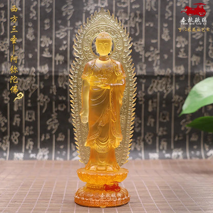 Coloured Glaze Amitabha  Mahasthamaprapta Bodhisattva Guanyin Buddha Statue Ornament Home Worship The Three Saints Of The West