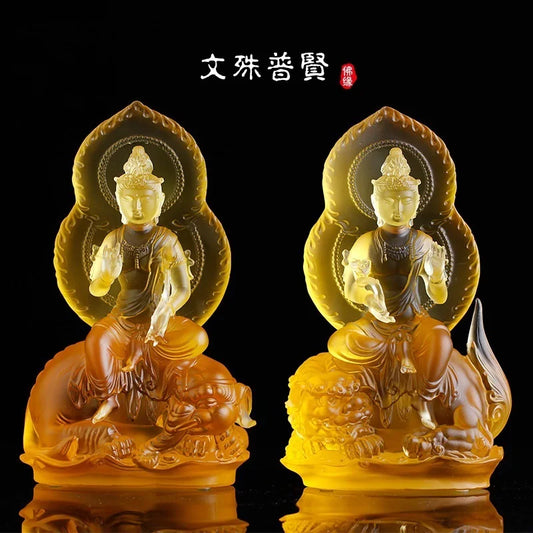 Coloured Glaze Bodhisattva Manjusri Samantabhadra buddha statue temple worship crafts ornament home crafts