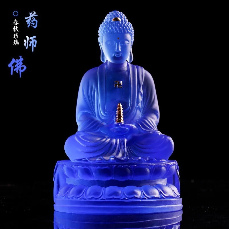 Coloured Glaze Paste Gold Medicine Buddha Home Decoration Worship Crafts