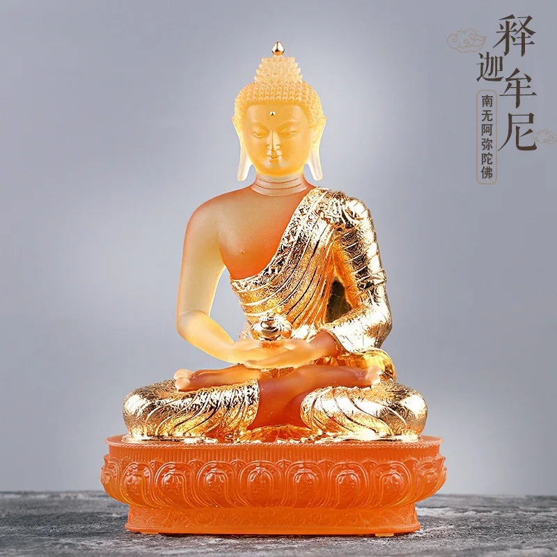 Coloured Glaze  Statue Shakyamuni Tathagata Buddha Statue Paste Gold Worship At  Home Artwork