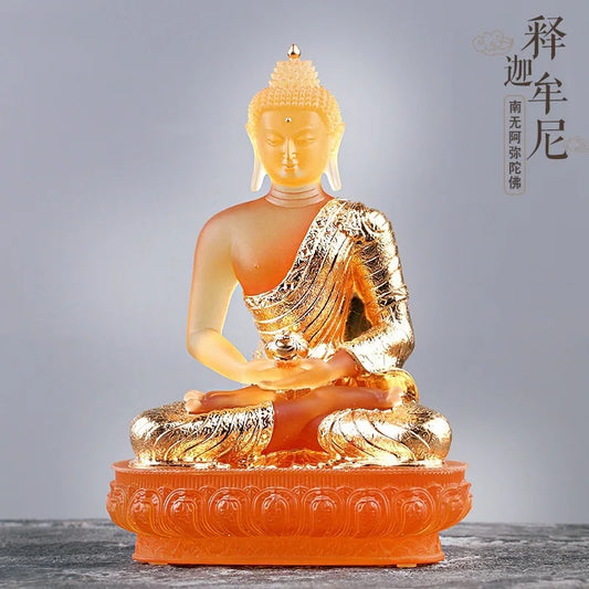 Coloured Glaze  Statue Shakyamuni Tathagata Buddha Statue Paste Gold Worship At  Home Artwork