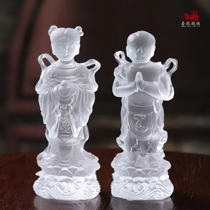 Coloured glaz Guanyin Bodhisattva golden boy and girl Buddha statue ornament worship household lucky fortune boy and dragon girl