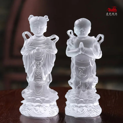 Coloured glaz Guanyin Bodhisattva golden boy and girl Buddha statue ornament worship household lucky fortune boy and dragon girl