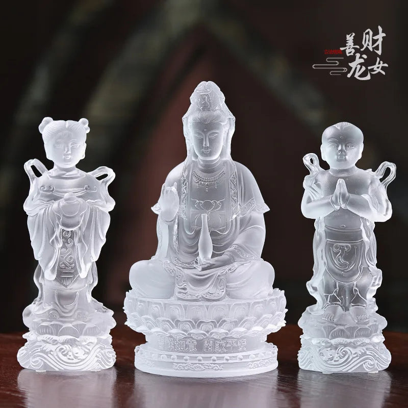 Coloured glaz Guanyin Bodhisattva golden boy and girl Buddha statue ornament worship household lucky fortune boy and dragon girl