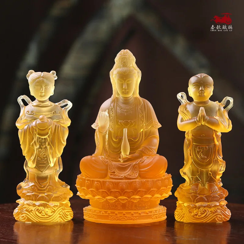 Coloured glaz Guanyin Bodhisattva golden boy and girl Buddha statue ornament worship household lucky fortune boy and dragon girl