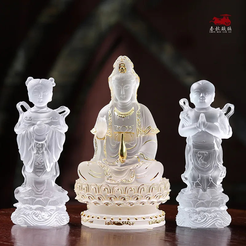 Coloured glaz Guanyin Bodhisattva golden boy and girl Buddha statue ornament worship household lucky fortune boy and dragon girl
