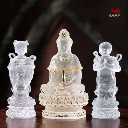 Coloured glaz Guanyin Bodhisattva golden boy and girl Buddha statue ornament worship household lucky fortune boy and dragon girl