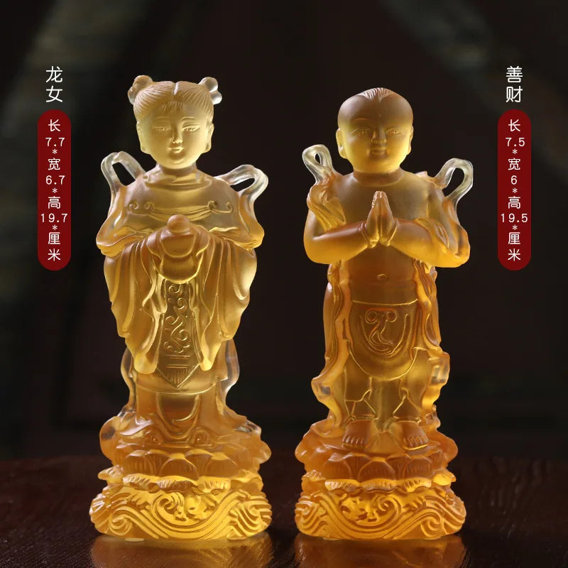Coloured glaz Guanyin Bodhisattva golden boy and girl Buddha statue ornament worship household lucky fortune boy and dragon girl