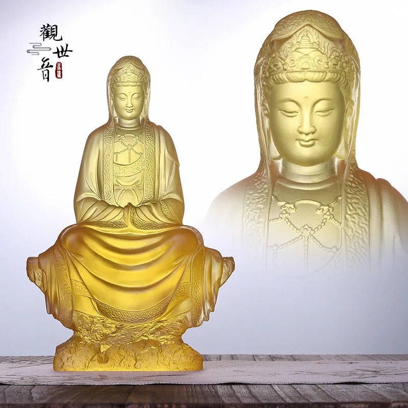 Coloured glaze Avalokitesvara ornaments Sitting statue Bodhisattva Buddha statue Home desktop decoration Buddhist tem