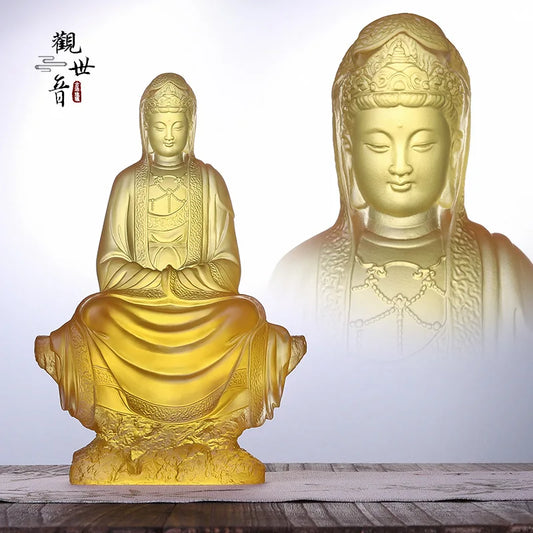 Coloured glaze Avalokitesvara ornaments Sitting statue Bodhisattva Buddha statue Home desktop decoration Buddhist tem