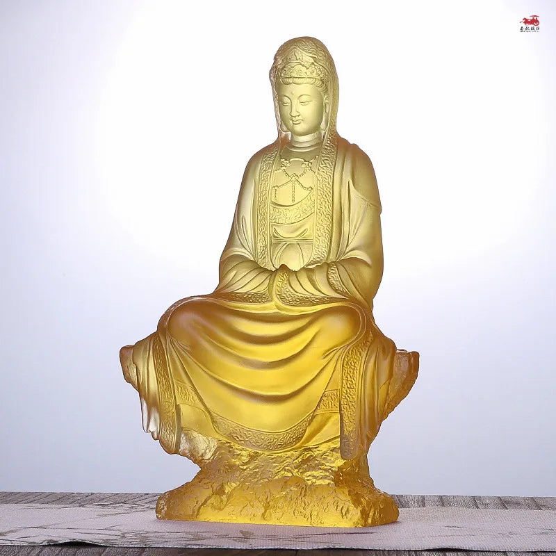 Coloured glaze Avalokitesvara ornaments Sitting statue Bodhisattva Buddha statue Home desktop decoration Buddhist tem