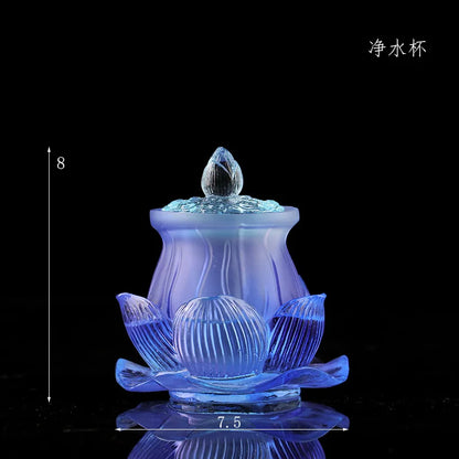 Coloured glaze Blue Lotus Buddha Set vase offer water purification cup incense burner Buddhist temple worship lotus ornament