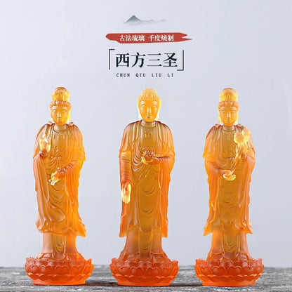 Coloured glaze Buddha Statue The Three Saints of the West Guanyin Amitabha Great Potential Bodhisattva worship ornament