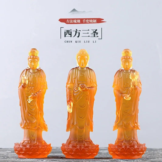 Coloured glaze Buddha Statue The Three Saints of the West Guanyin Amitabha Great Potential Bodhisattva worship ornament