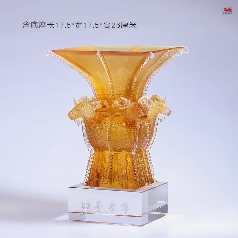 Coloured glaze Four Sheep Square Zun Ding  Ornaments  Antique Imitation Crafts  Office decoration  Business souvenirs